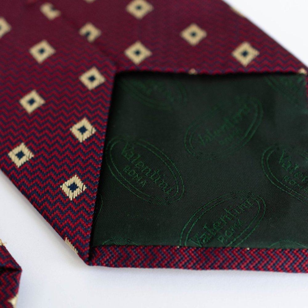 Valentini Roma Men's Designer Silk Necktie, Burgundy Red, Blue, Gold, Italy - Picture 4 of 6